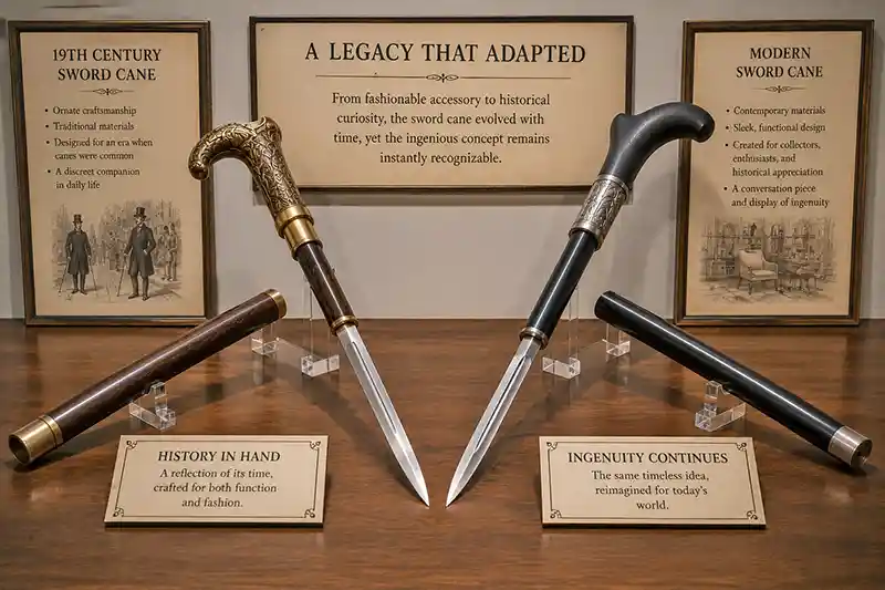 Antique and modern sword canes displayed side by side to show how the design evolved over time