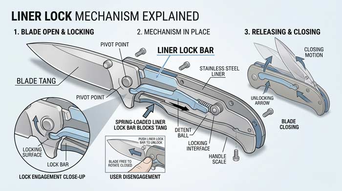 Infographic showing how a liner lock mechanism works inside a folding knife handle using labeled mechanical diagrams