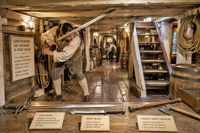 Long sword restricted by the low ceiling of a cramped wooden ship interior