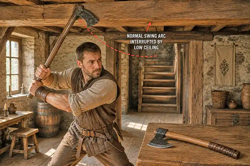 Long axe swing restricted by a low ceiling in a cramped room