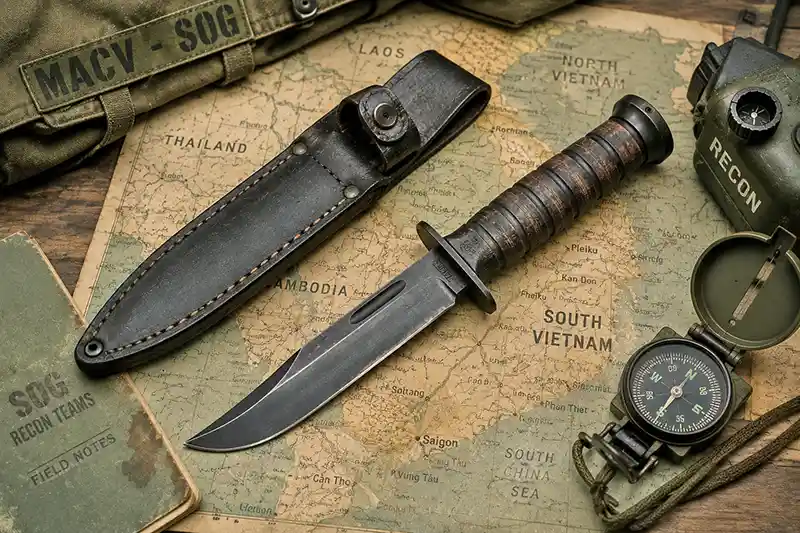 Vietnam-era MACV-SOG combat knife with leather sheath and reconnaissance gear on a military map.