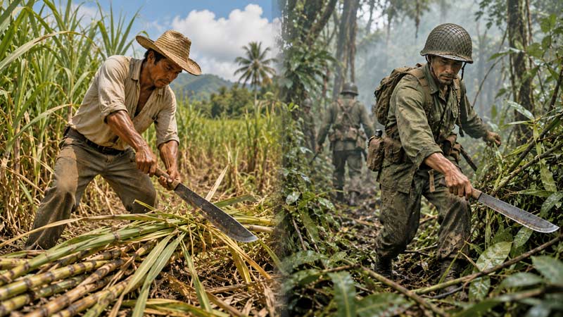 Farm worker cutting sugarcane with a machete beside a soldier clearing jungle vegetation