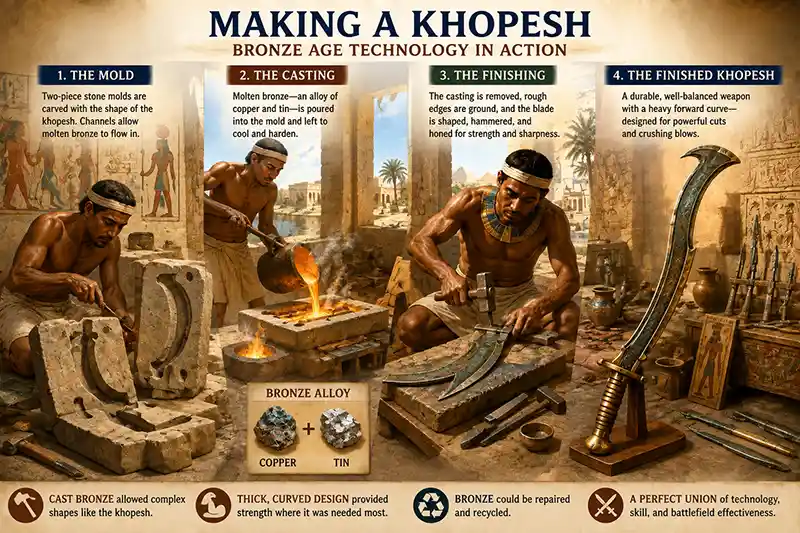 Bronze Age craftsmen casting and finishing an Egyptian khopesh