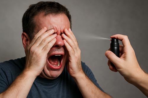 Man reacting in pain after being sprayed with pepper spray.