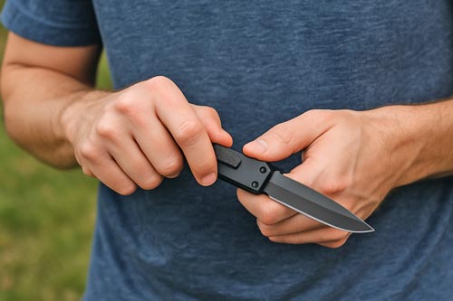 Hands deploying a black automatic knife outdoors