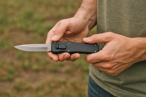 Hands holding a black automatic knife outdoors with a blurred grassy background