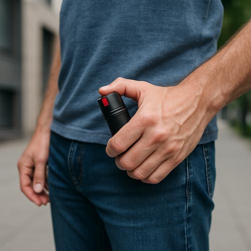 Person holding a pepper spray canister while walking outdoors.