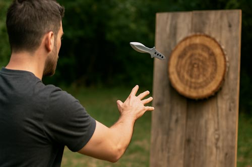 Man throwing a knife; the knife is midair heading toward a wooden target.