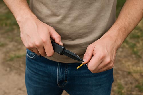 Hands using a black automatic knife to cut a twig outdoors.