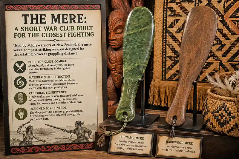 Maori pounamu and hardwood mere war clubs on display