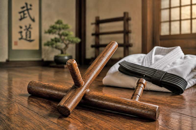 Traditional wooden tonfa resting on a dojo floor beside a folded martial arts uniform and black belt.
