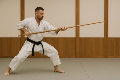 Martial artist practicing footwork with a bo staff in a dojo.