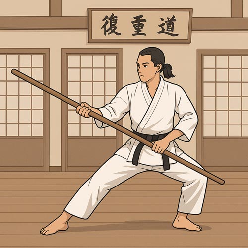 Martial artist practicing intermediate bo staff techniques in a dojo.