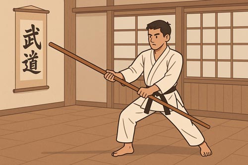 Martial artist practicing safe bo staff technique in a traditional dojo.