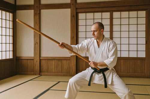 Martial artist practicing a bo staff routine in a traditional dojo.