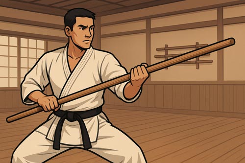 Martial artist practicing strength and control with a wooden staff inside a dojo.
