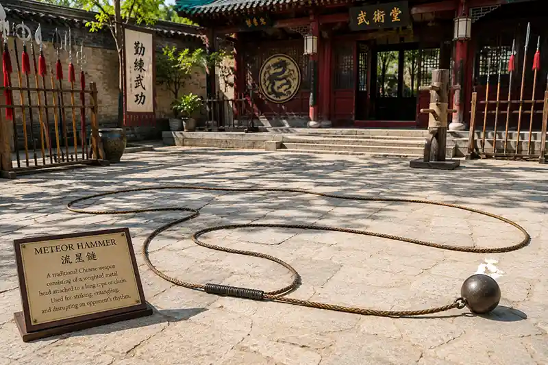 Meteor hammer with long rope and weighted end displayed in a Chinese martial arts courtyard
