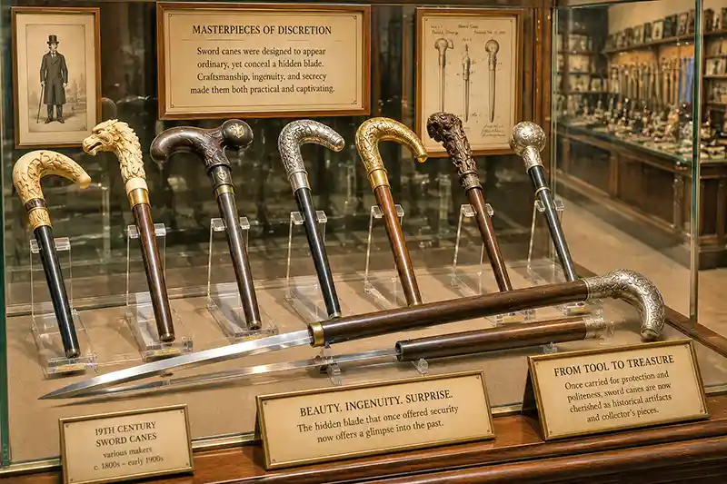Antique sword canes displayed as collectible historical artifacts in a museum case