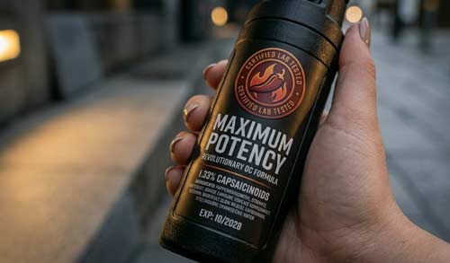 A hand holding a pepper spray canister with a Maximum Potency lab-tested label.