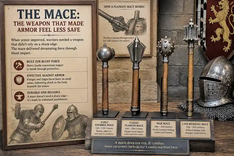 Medieval maces showing the evolution of armored combat weapons