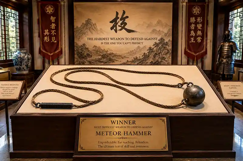 Meteor hammer displayed as the most difficult weapon to defend against