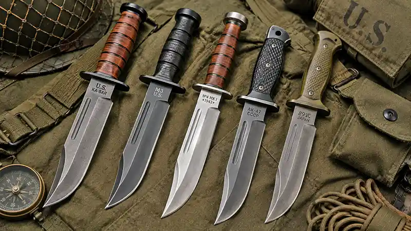 Collection of military clip point knives displayed on vintage military gear, highlighting the blade shape used by armies around the world.