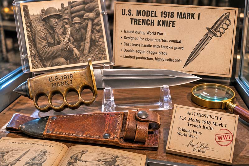 Collectors display of an original World War I Model 1918 Mark I trench knife and scabbard.