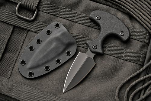 modern black push dagger with sheath on tactical gear background