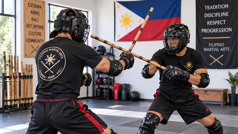 Filipino martial artists practicing escrima stick fighting with protective gear in a modern training school