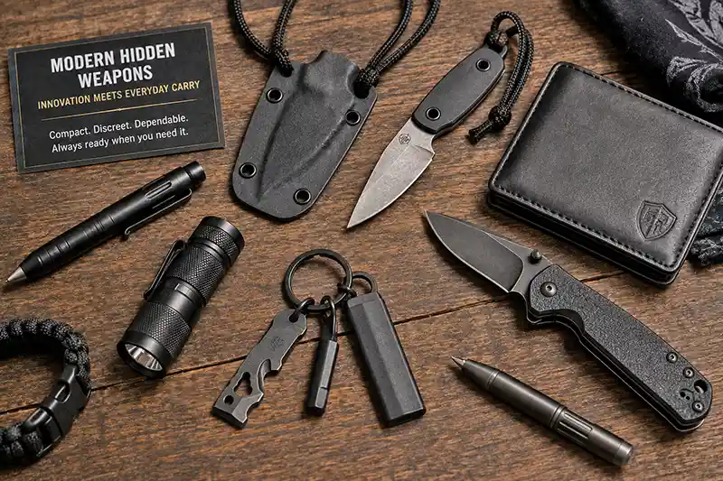 Modern everyday carry gear including a neck knife, folding knife, tactical pen, flashlight, wallet, and keychain tools arranged on a wooden tabletop.