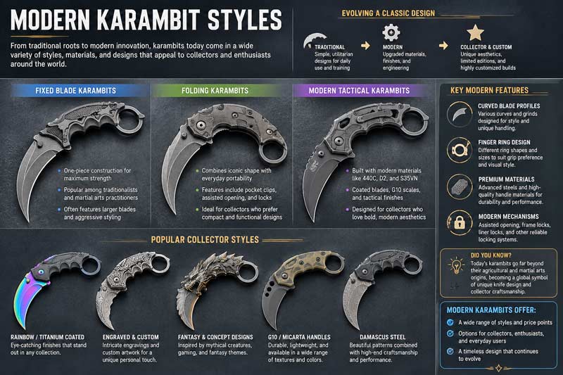 Infographic comparing modern karambit knife styles including fixed blades, folding karambits, tactical designs, and collector variations
