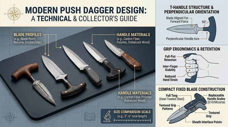Infographic explaining push dagger construction with labeled T-handle designs, blade profiles, and compact fixed blade features