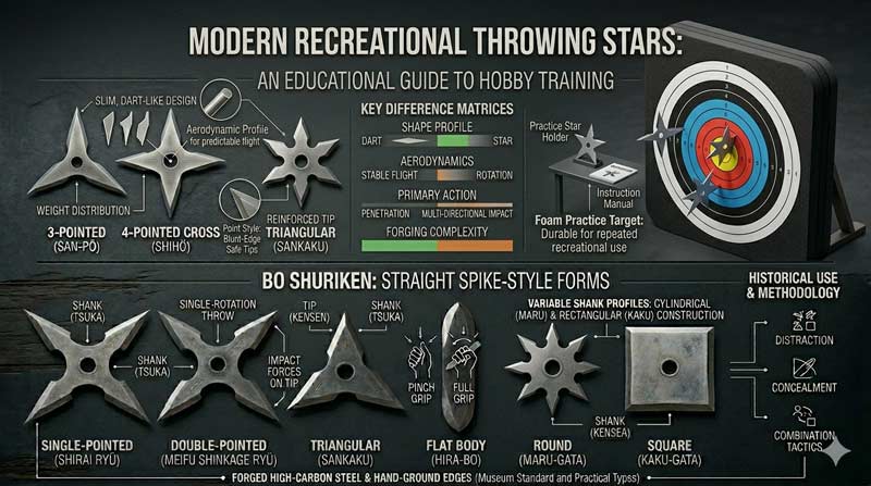 Infographic showing modern throwing stars and recreational target throwing equipment with different star shapes and practice target designs