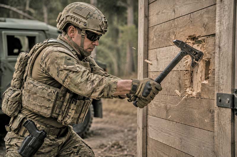Soldier using a tactical tomahawk to breach a wooden barrier during a field exercise.