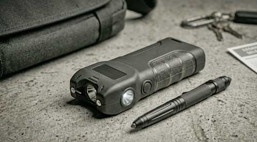 Compact stun gun flashlight and electronic defense gadgets on a modern countertop.