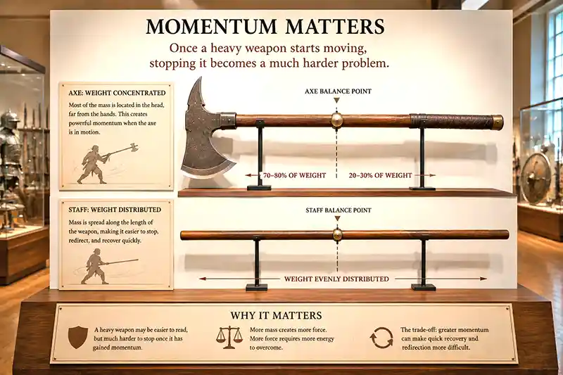 Historical axe and staff compared to show differences in weight distribution and momentum