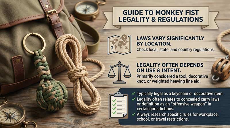 Infographic explaining monkey fist legality with paracord monkey fist keychains, legal icons, nautical rope elements, and outdoor gear accessories displayed in a maritime-inspired layout