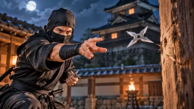 Masked ninja throwing a shuriken toward a wooden target under moonlight.