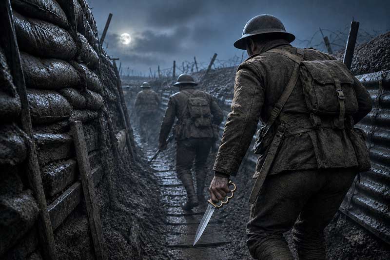 World War I soldiers on a nighttime trench raid carrying a Mark I trench knife.