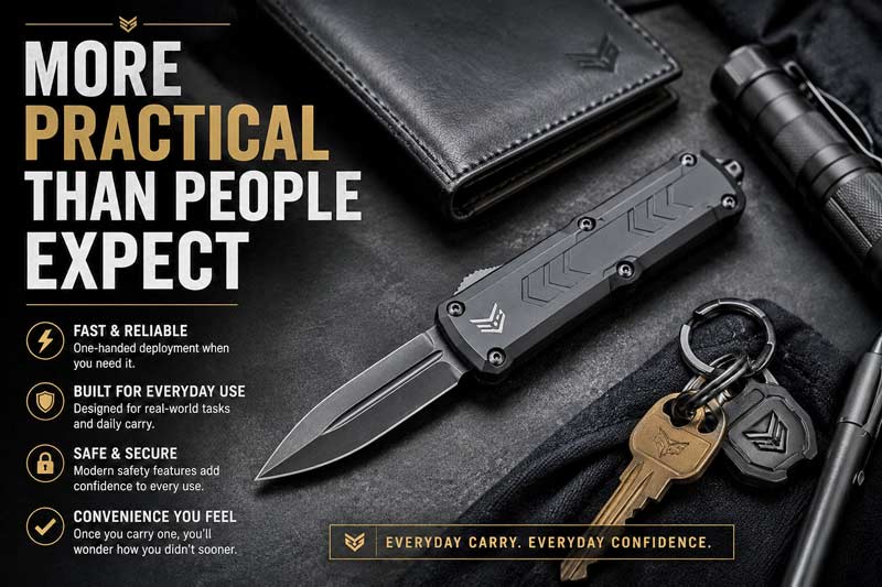 OTF knife everyday carry flatlay with wallet, flashlight, keys, and practical EDC gear infographic text