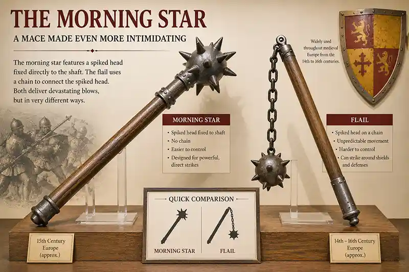 Medieval morning star and chained flail displayed side by side