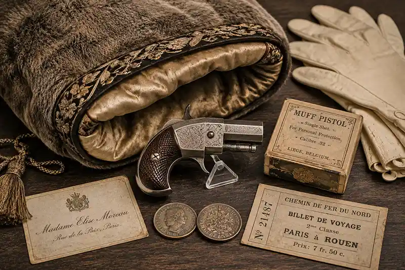 Antique muff pistol with fur hand warmer and Victorian travel accessories