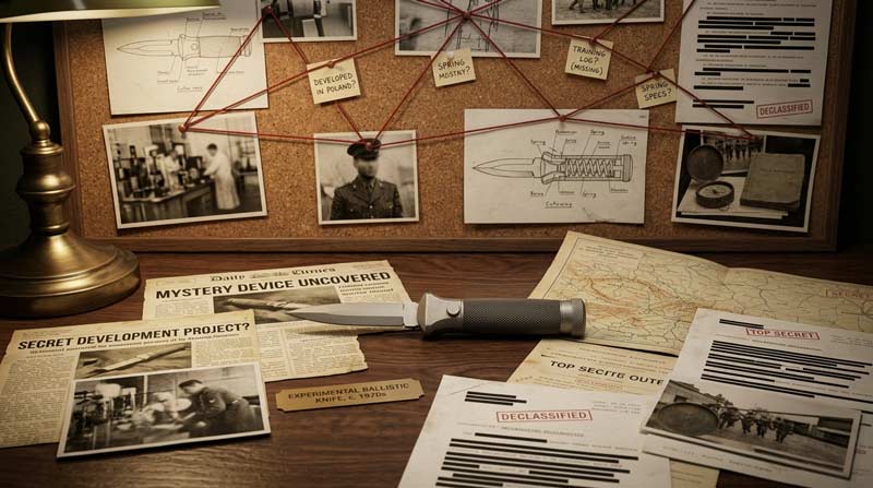 Ballistic knife surrounded by declassified documents, Cold War maps, and historical newspaper clippings on an investigation board.