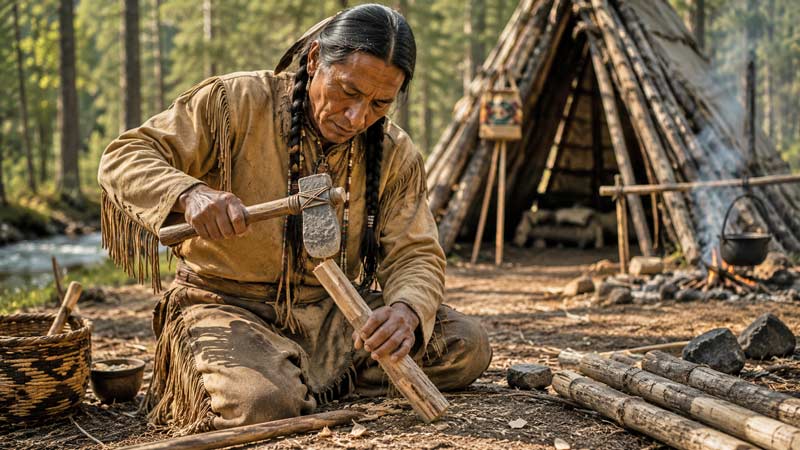 Indigenous craftsman shaping wood with a primitive stone tomahawk at a forest camp.