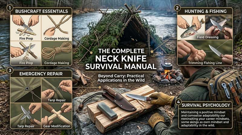 Infographic explaining why people carry neck knives, showing a compact neck knife worn discreetly during hiking or camping with highlights for lightweight carry, quick access, outdoor utility, and everyday convenience