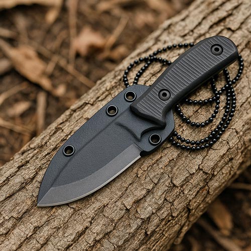 compact neck knife in a black Kydex sheath resting on a tree trunk outdoors