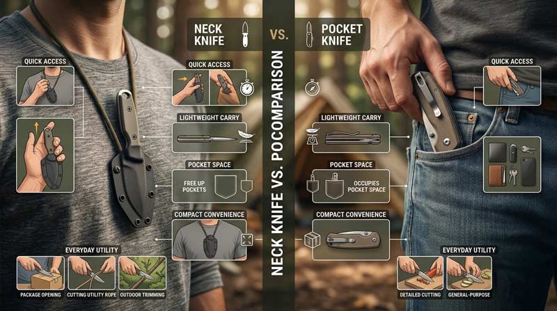 Infographic comparing a neck knife and pocket knife for everyday carry, showing differences in quick access, lightweight carry, pocket space, compact convenience, and practical daily utility with everyday carry items nearby