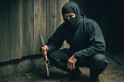 Ninja crouched in shadows holding a kunai near a wooden wall.