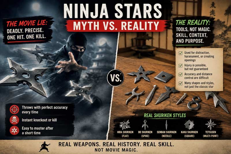 Myth vs reality infographic comparing exaggerated movie-style ninja stars with historically accurate shuriken types and real-world use.
