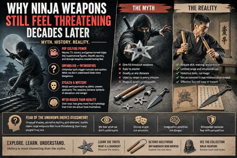 Editorial-style infographic exploring why ninja weapons still feel intimidating, contrasting Hollywood ninja myths with realistic martial arts training and historical context.